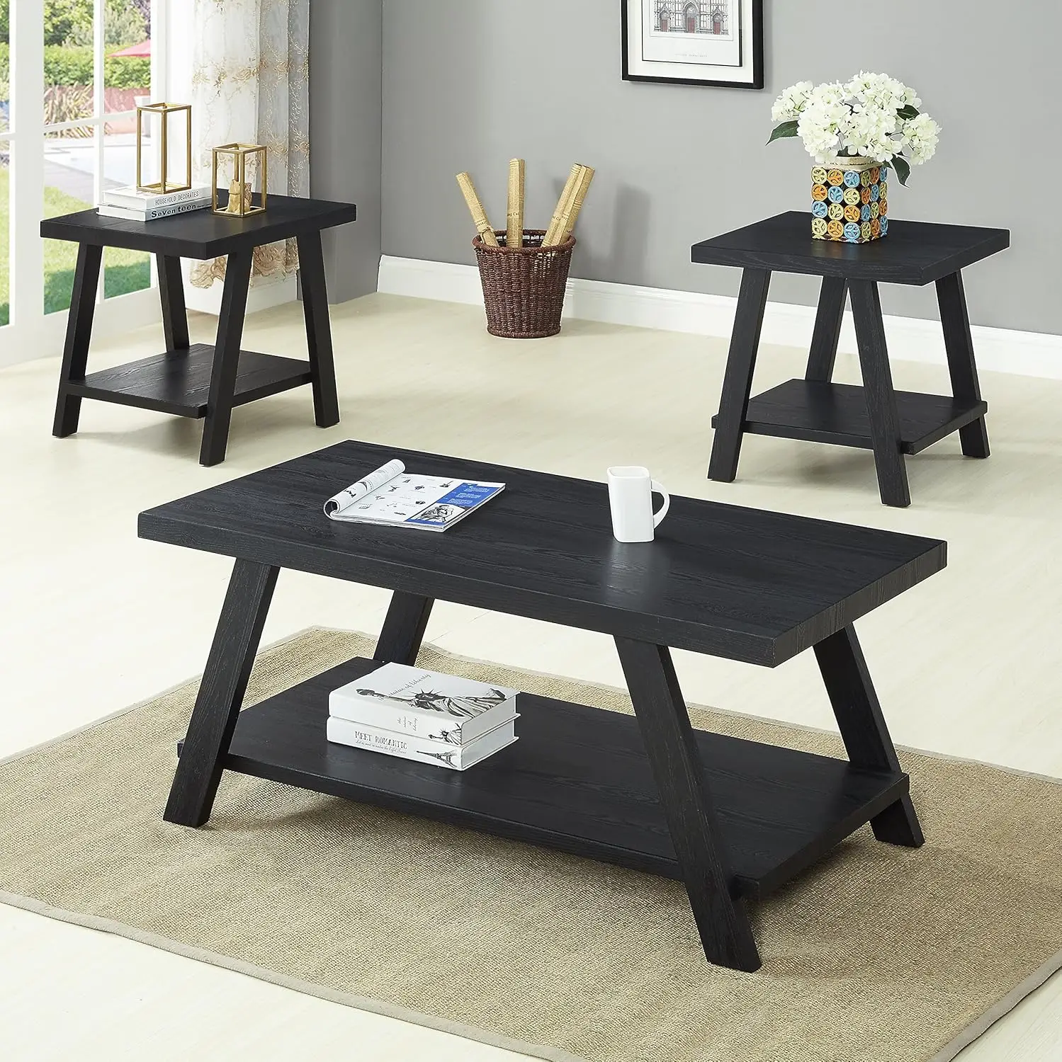 Contemporary 3-Piece Wood Shelf Coffee Table Set , Black