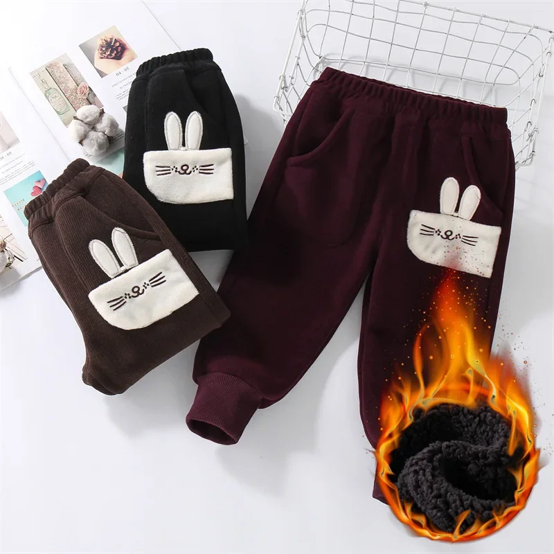 Girls autumn and winter velvet trousers children's integrated velvet pants baby rabbit embroidered thermal pants winter new