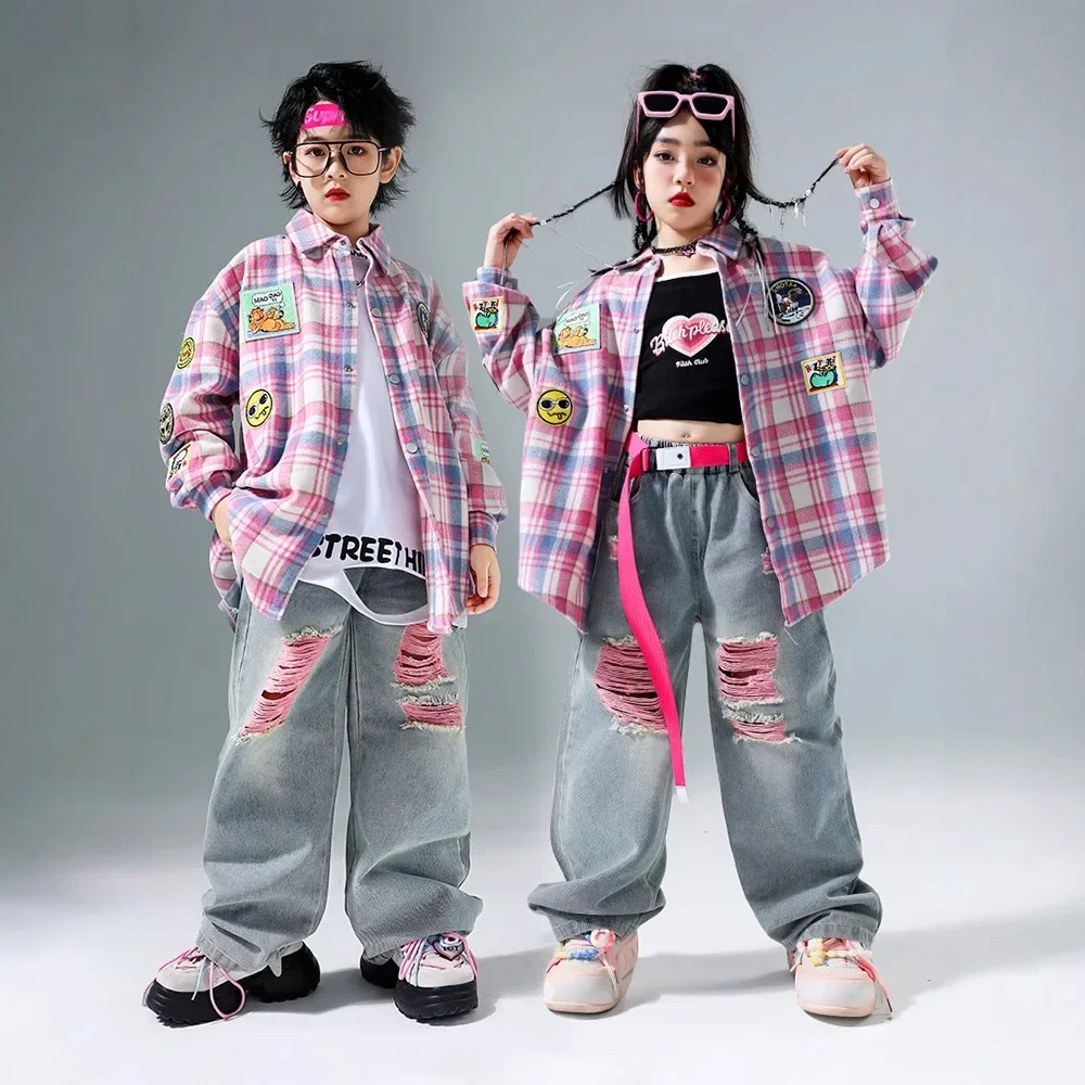 Criança legal hip hop roupas rosa xadrez camisa superior denim casual rua jogger calças de carga para menina menino jazz dança traje roupas