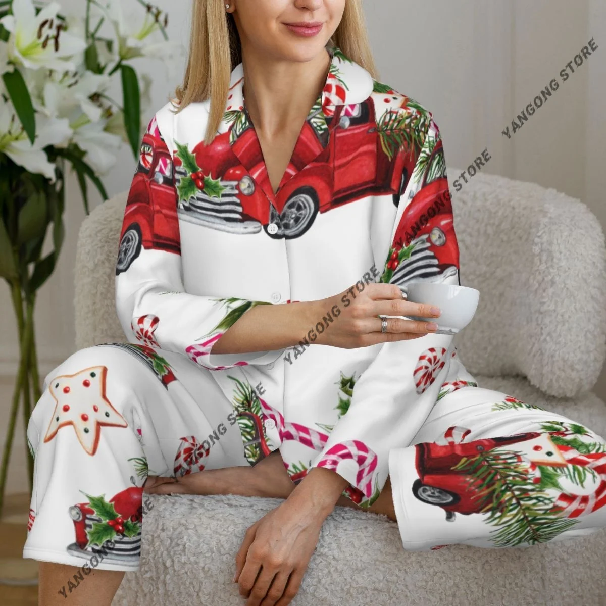 

Spring and Autumn Long Sleeve Pants Pajamas Loungewear Set Watercolor Christmas Trunk Women's Pull Edge Loose Sleeping Suit