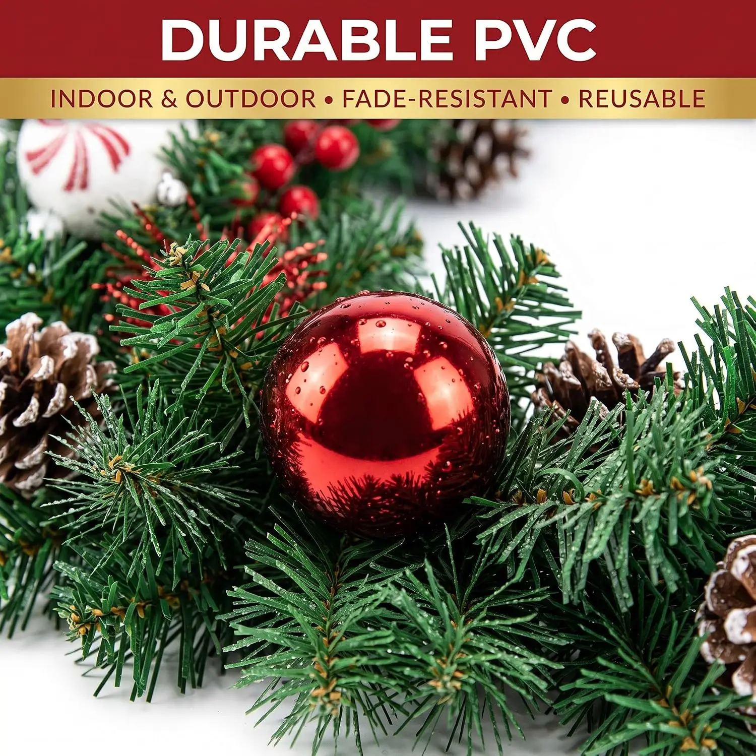 Garvee 6/9ft Christmas Garland Wreath Artificial Pine with Pinecones and Berries Xmas Tree Hanging Ornaments for Home Outdoor Yard Party Door Fireplace Stair Decoration