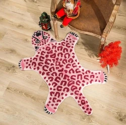 Pink Imitation Leopard Pattern Rug Faux Skin Leather Non Slip Antiskid Mat Washable Animal Print Carpet for Living Room Bedroom