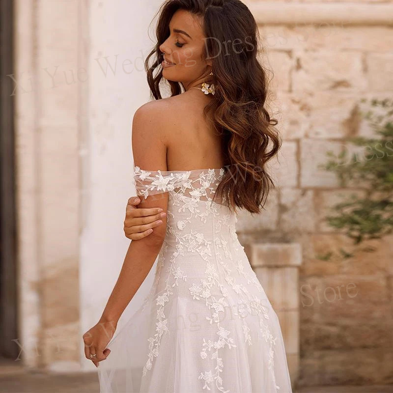 Vestidos de casamento linha A femininos, sem mangas, sem costas, fora do ombro, renda, apliques, vestidos de noiva, sexy, moda popular, 2024