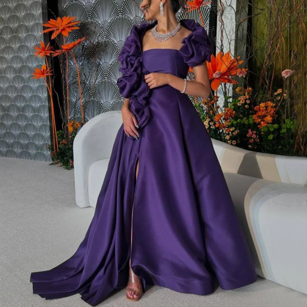 

Purple Satin Women Evening Dress Strapless Short Sleeve A-Line Side Slit Floor Length Simple Customized فساتين سهره نسائيه فخمة