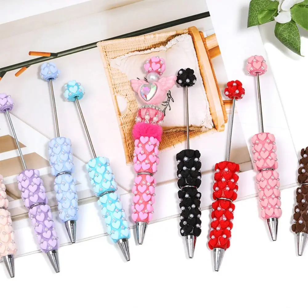Pearl DIY Clay Heart Bead Pen Black Ink Full Diamond Flocked Heart Beaded Pen Handmade Smooth Writing Beaded Ballpoint Pen