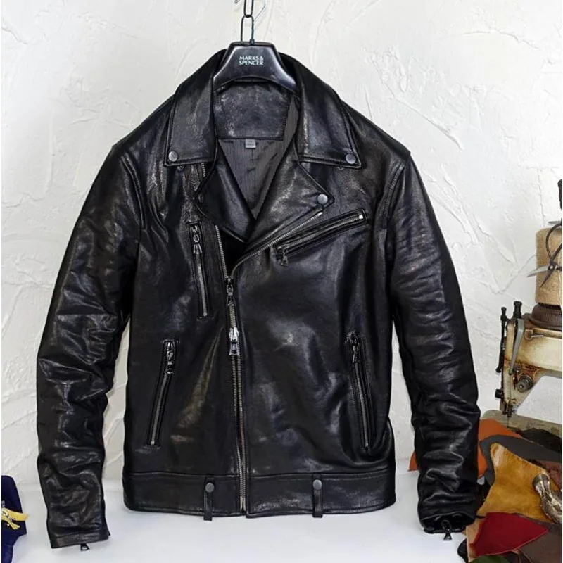 Pull‑Up Vegetable Tanned Top Grain Sheepskin Lapel Men Vintage Biker Genuine Leather Jacket Motorcycle Riding Coat