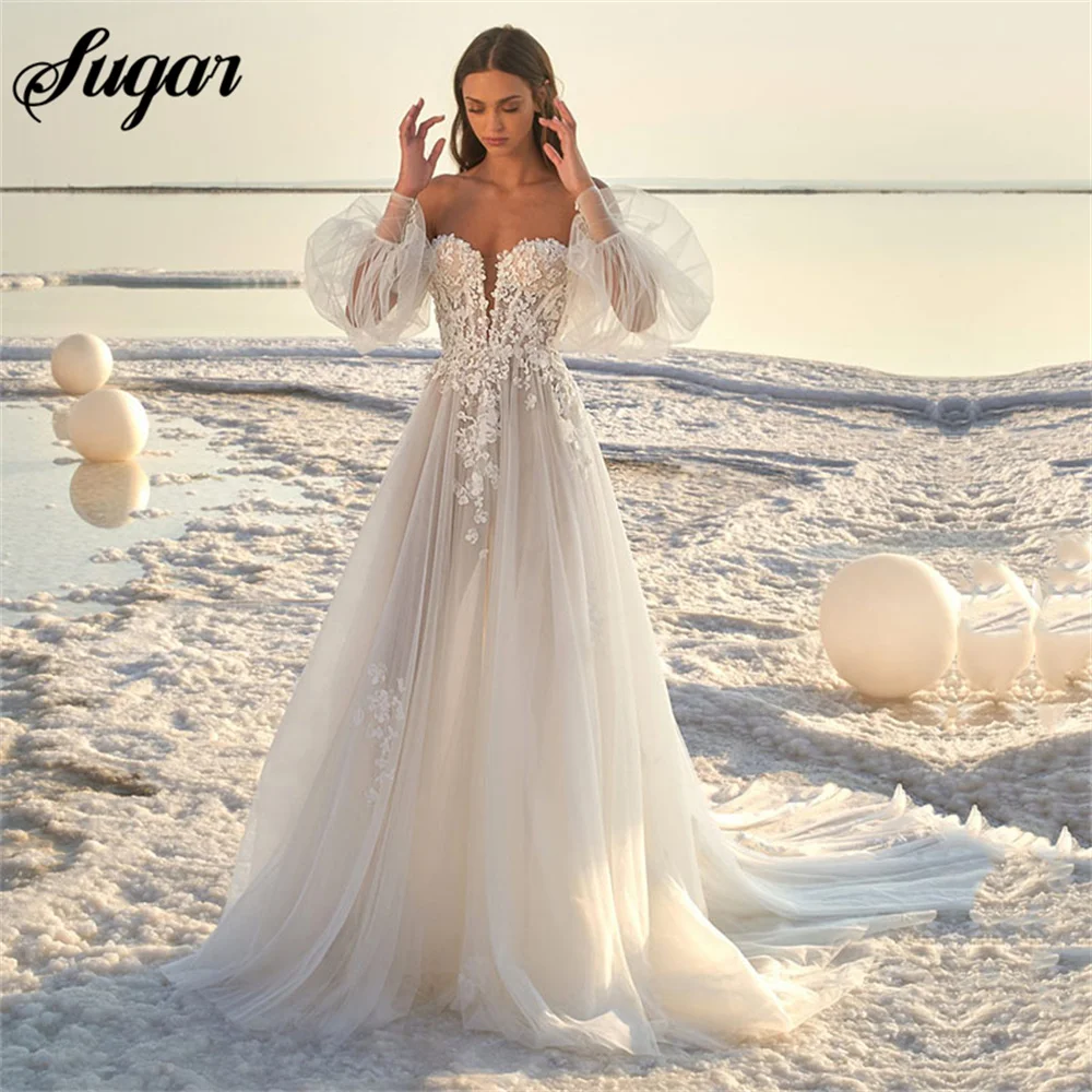 

Boho Appliques Wedding Dress Off The Shoulder Sweetheart Lace Beach Wedding Gown Puff Sleeves Bridal Dress vestido de noiva