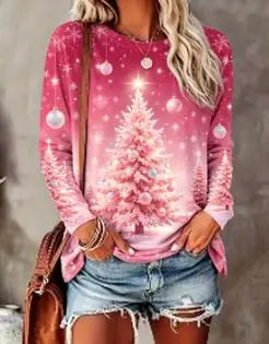 Women Crew Neck Long Sleeve Sweatshirt Christmas Tree Snowflake Ornament Print Casual Loose Pullover Ladies Holiday Tops