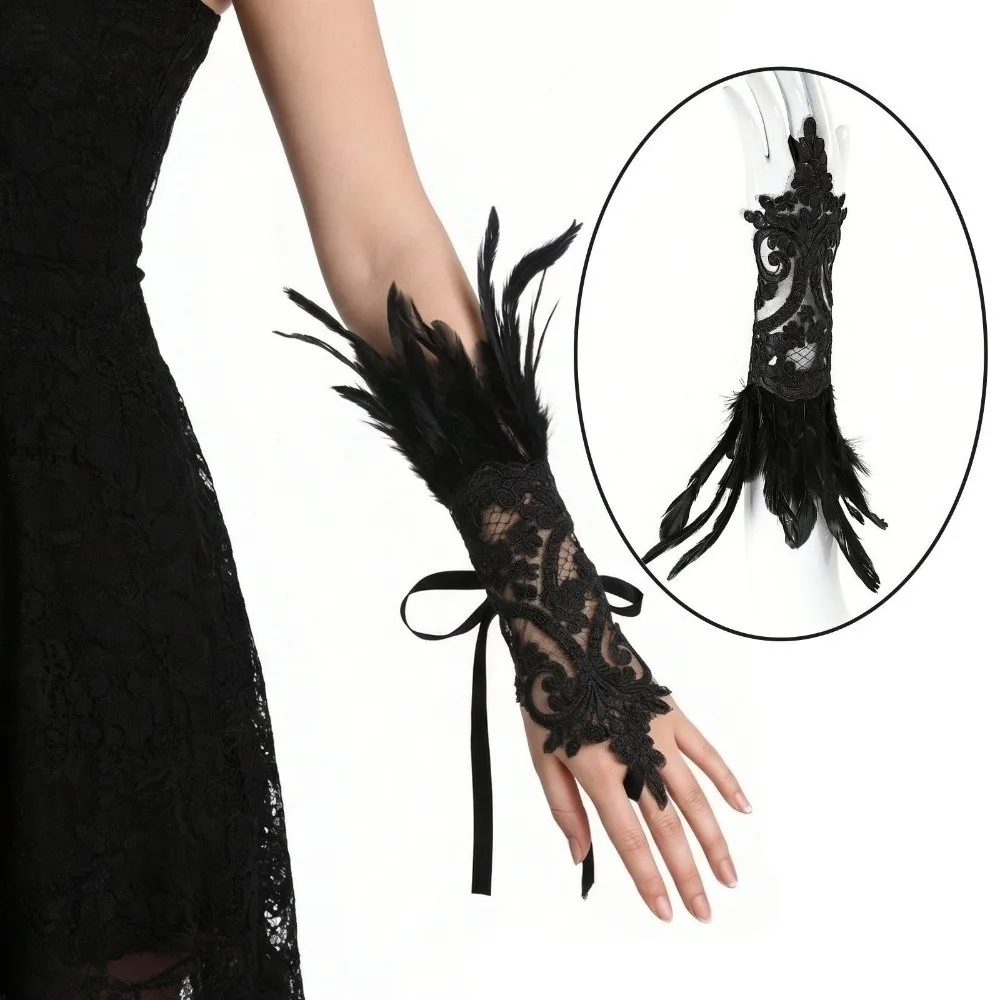 Witch Halloween Feather Gloves Lace Embroidery Halloween Feather Cuffs Fingerless Halloween Women Feather Lace Gloves Women