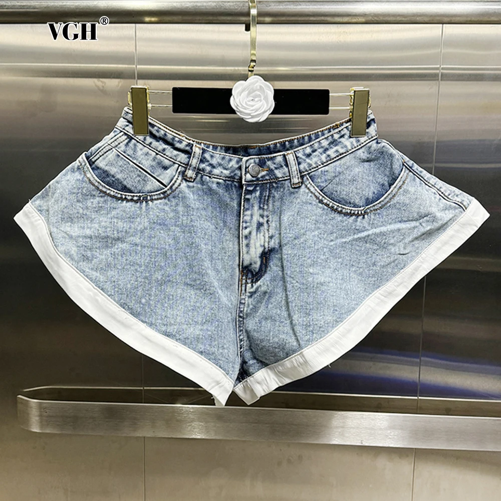 

VGH Colorblack Patchwork Pockets Denim Short Pants For Women High Waist Spliced Button Minimalist Loose Shorts Female Fashion