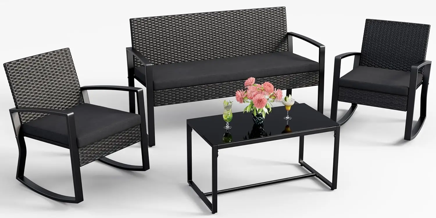 Modern black 4-piece rattan wicker conversation set with rocking chairs and glass coffee table, stylish multi-seat outdoor furniture for porch, garden and lawn leisure corners