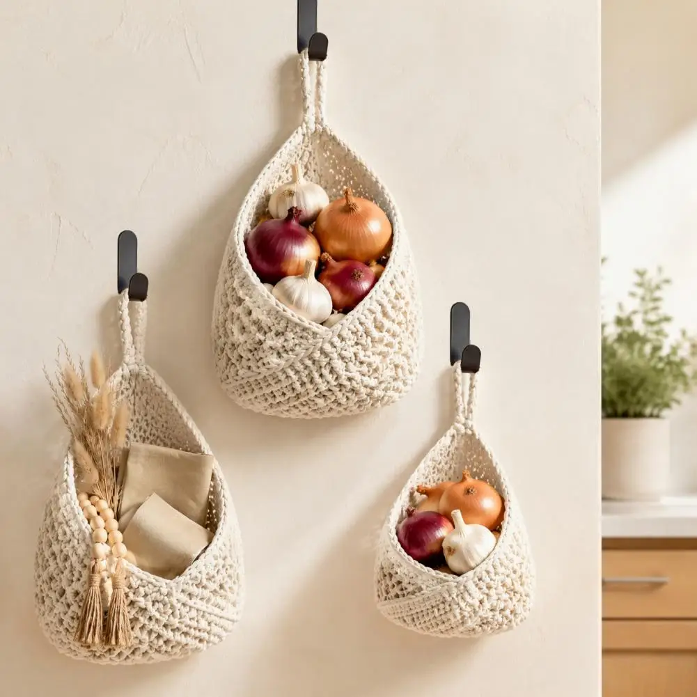 3-piece Set Hand Woven Water Droplet Mesh Bag Hand Woven Cotton Rope Hook Woven Fruit Storage Bag Multi-functional Storage Bag