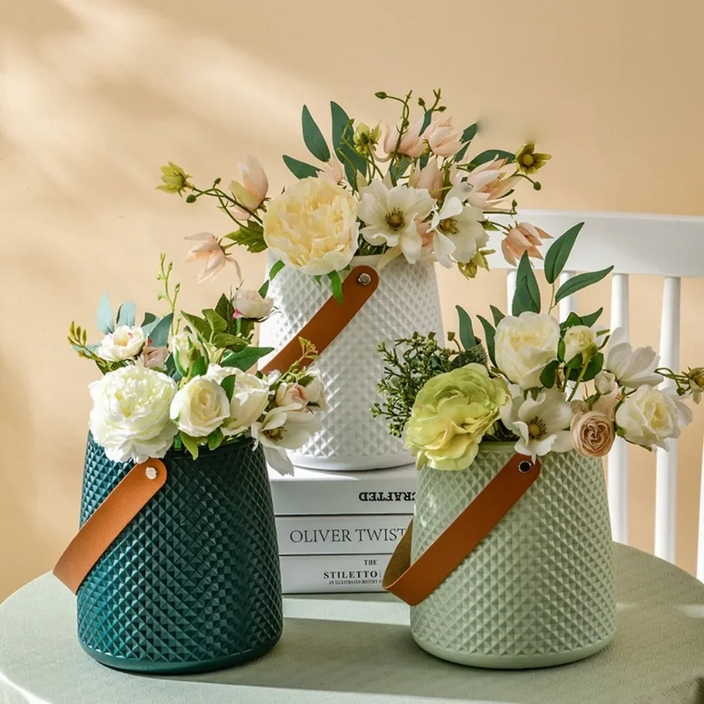 

Leather Handle Flower Vase Fashion Anti Fall Plastic Flower Arrangement Nordic Style Modern Flower Pot Living Room