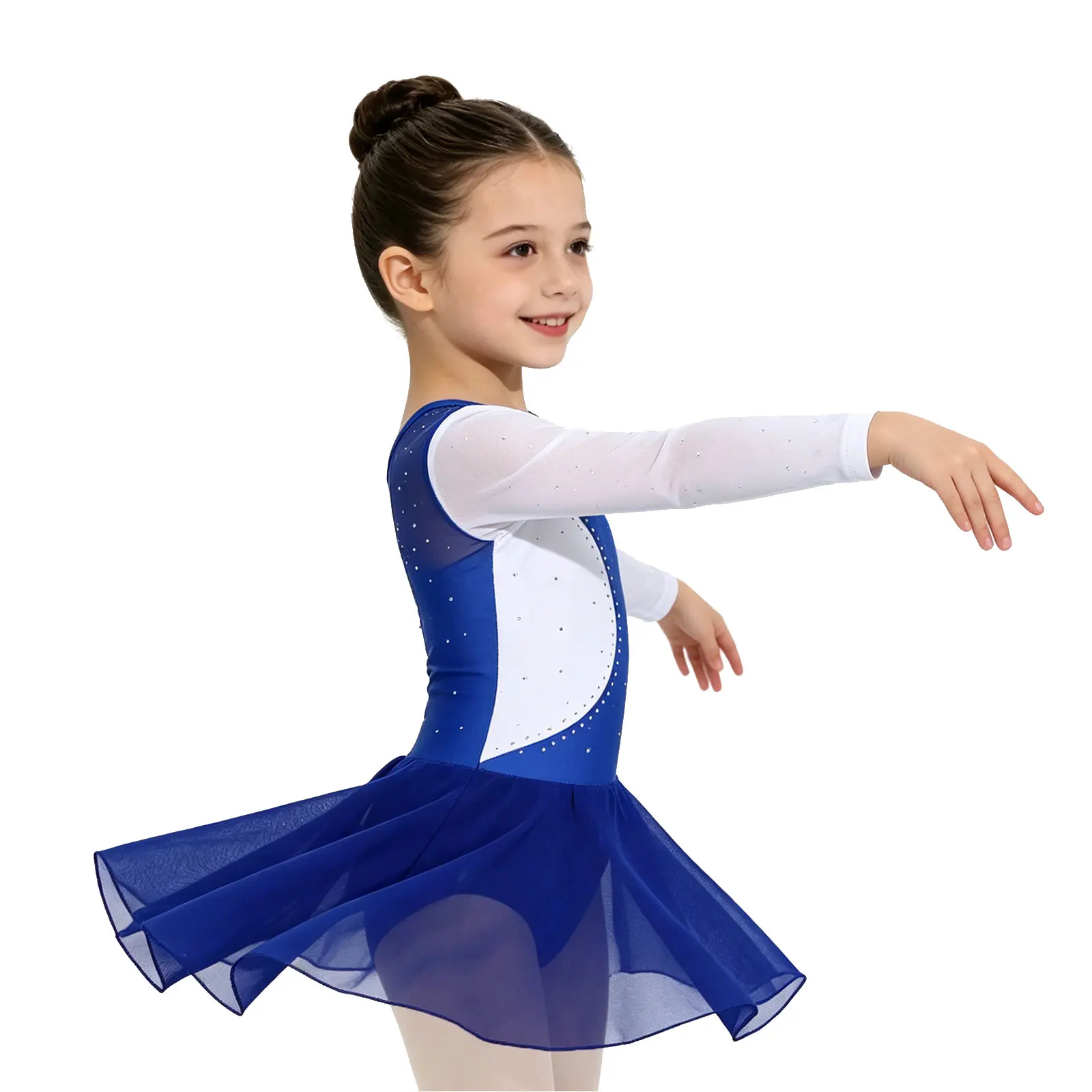 

Child Girls Figure Ice Skating Costume Long Sleeves Rhinestone Mesh Dress with Built-in Briefs for Ballet Lyrical Modern Dance