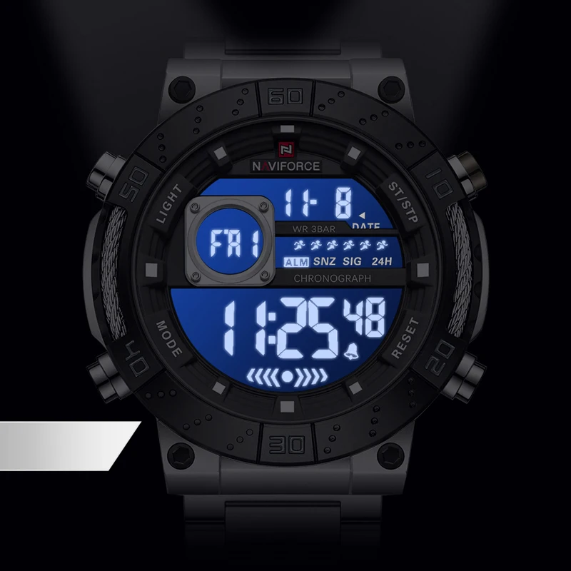 นาฬิกาข้อมือดิจิตอล NAVIFORCE สำหรับผู้ชาย ดีไซน์หรูหรา พร้อมไฟ LED แสดงผลในเวลากลางคืน กันน้ำ 3ATM สายสแตนเลสสตีล นาฬิกาสำหรับผู้ชาย