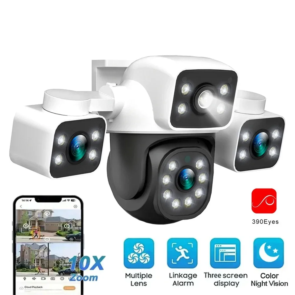 

IP-камера 6K Wi-Fi, 12 МП, 3 объектива, 3 экрана, 10-кратный зум, обнаружение искусственного интеллекта, автоматическое отслеживание, беспроводная уличная камера видеонаблюдения