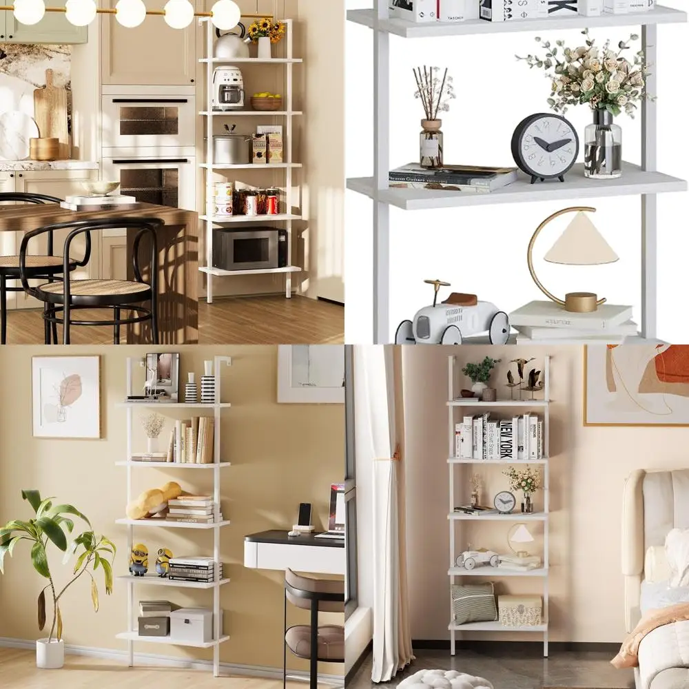 

5-Tier White Wooden Wall Shelf with Metal Frame - Modern Industrial Bookcase for Home and Office Storage