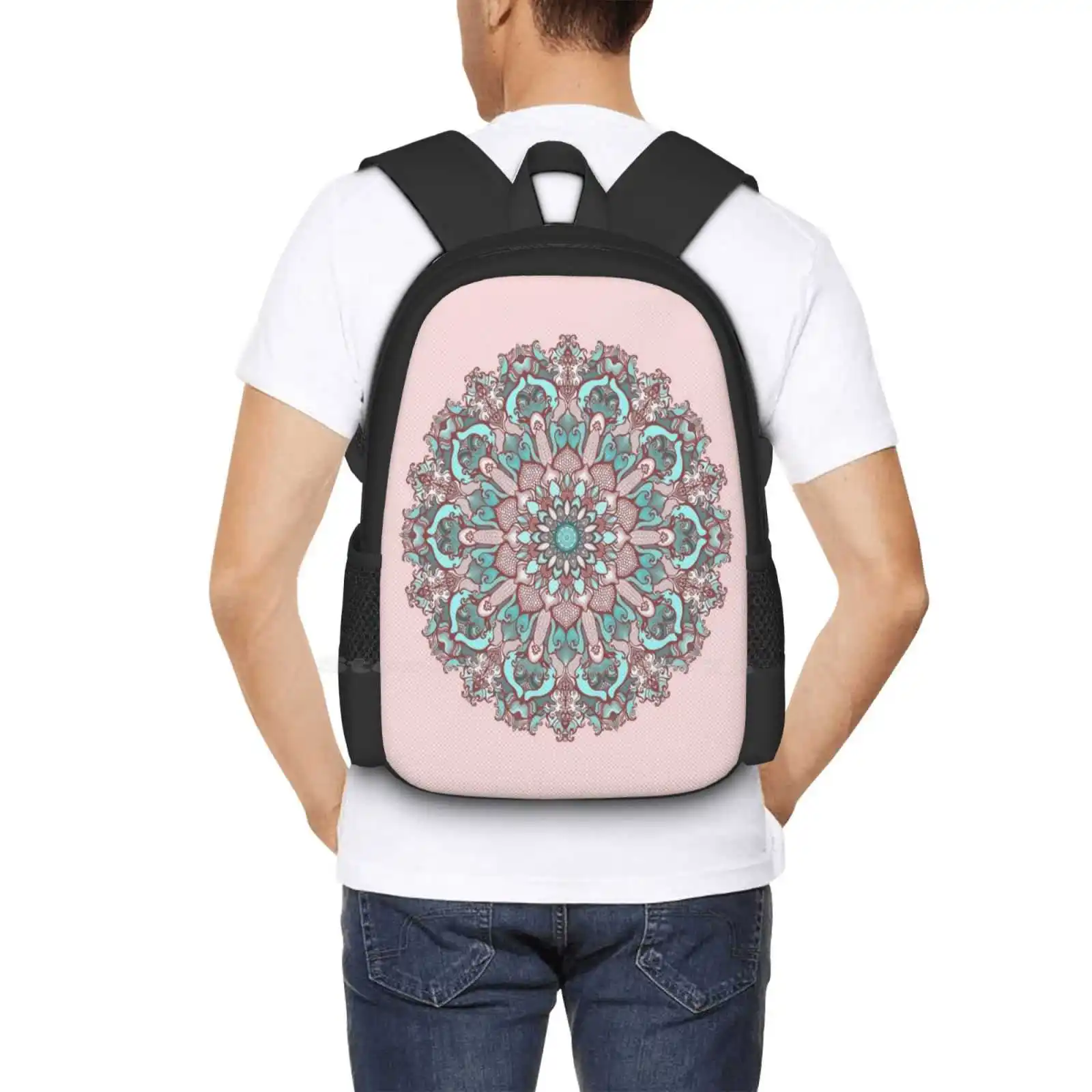 Mandala #31 sobre fondo rosa, diseño de patrón, bolsas escolares de viaje para ordenador portátil, arte de compra artística rosa en línea Kanvisstyle Chackra Helth