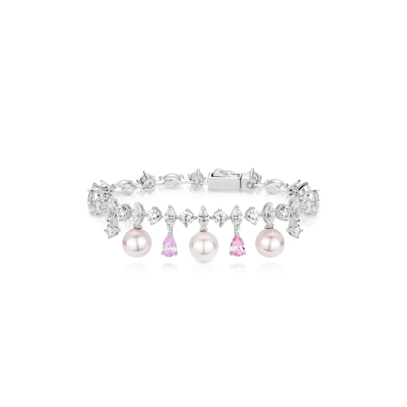 Bellux 925 Silver Synthetic Zircon Pink White Water Drop Pear Shaped Full Diamond Shell Pearl Fashion Jewelry Tassel Bracelet
