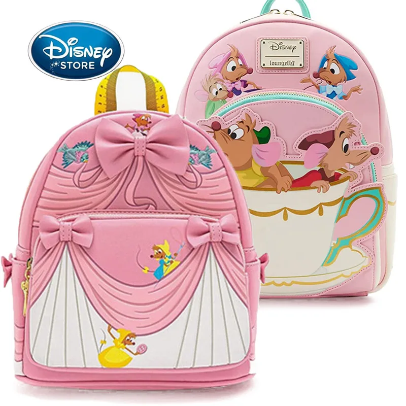 Disney Cinderella Gus And Jaq Double Strap Shoulder Bag Cartoon Disney Princess PU Leather Brand Women Pink Backpack Handbag