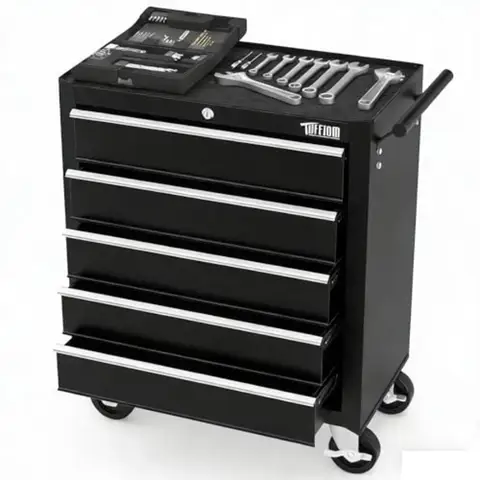 5-Drawer Rolling Tool Chest w/Drawers and Lock, Tool Storage Cabinet with Lockable Wheels, Top Cushion and Drawer Liners, Tool