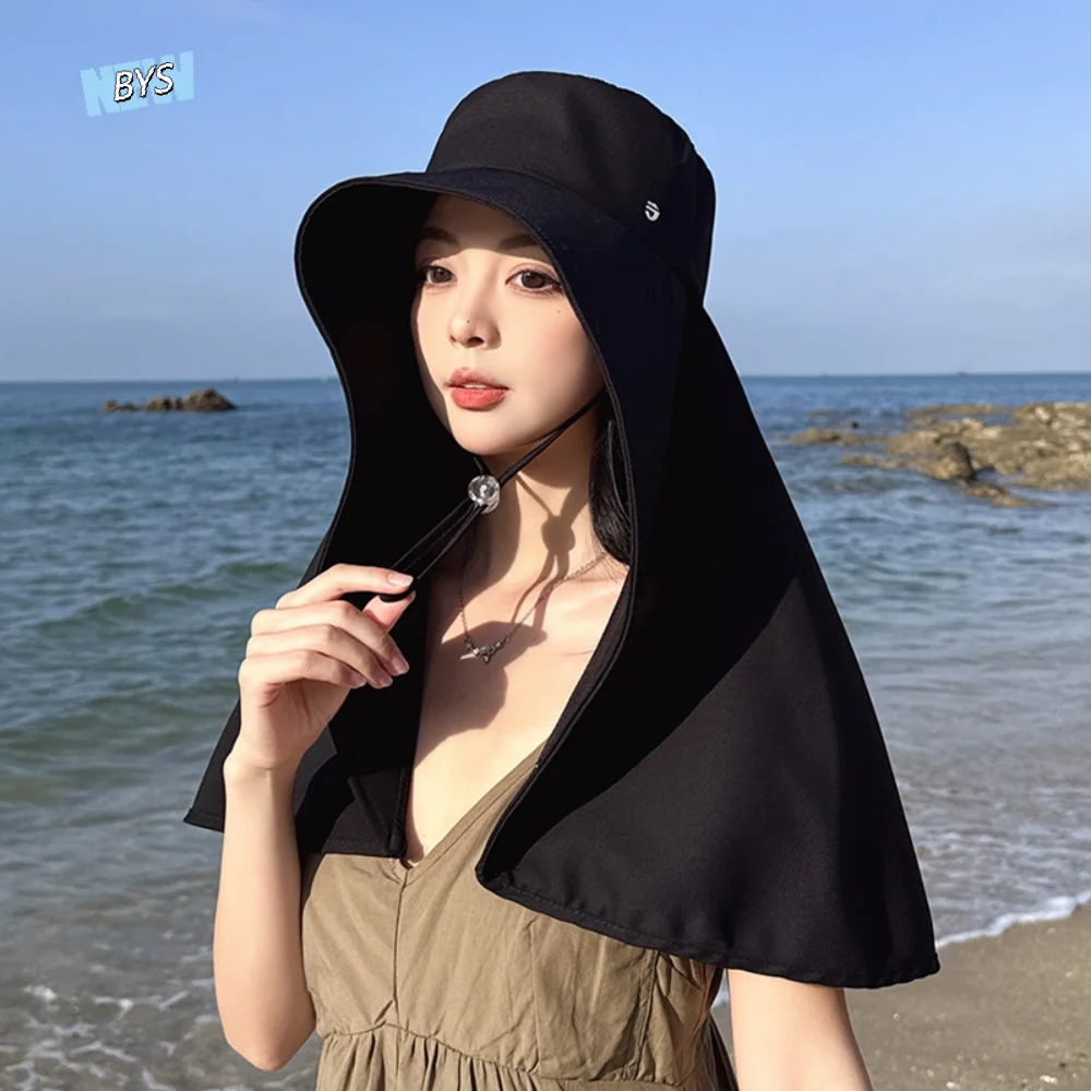 

Windproof Rope Wide-Brimmed Shawl Fisherman Hat Sunscreen Adjustable Mask Hat Polyester Soft Picking Tea Hat Women