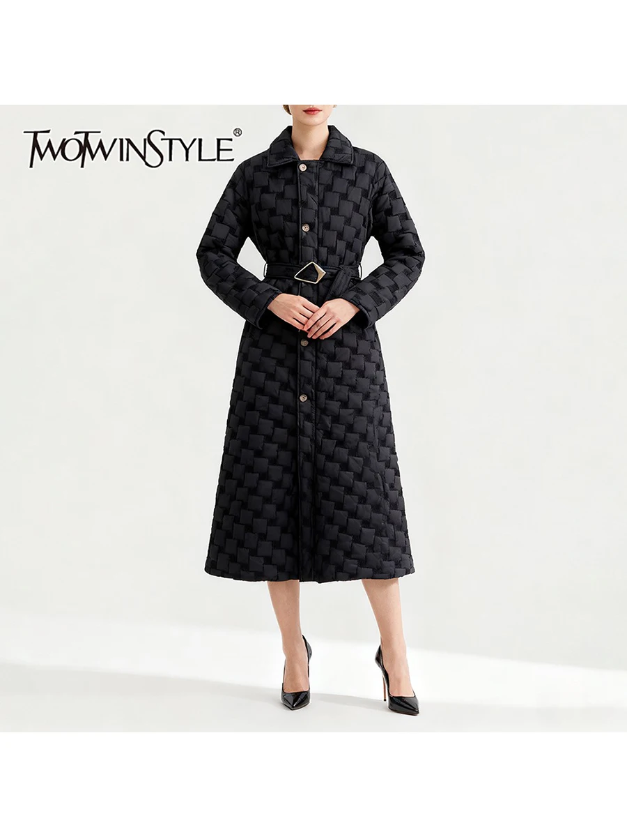 

TWOTWINSTYLE Solid Spliced Plaid Fashion Quilted Coats for Women Lapel Long Sleeves Patchwork Belt Elegant Long Coat Female New