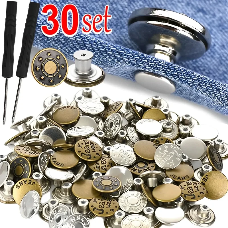 10-30Pcs Detachable Jeans Buttons Adjustable Free Waist Metal Button No Sewing Pants Buckles Screw Nail Repair Kit Send Tools