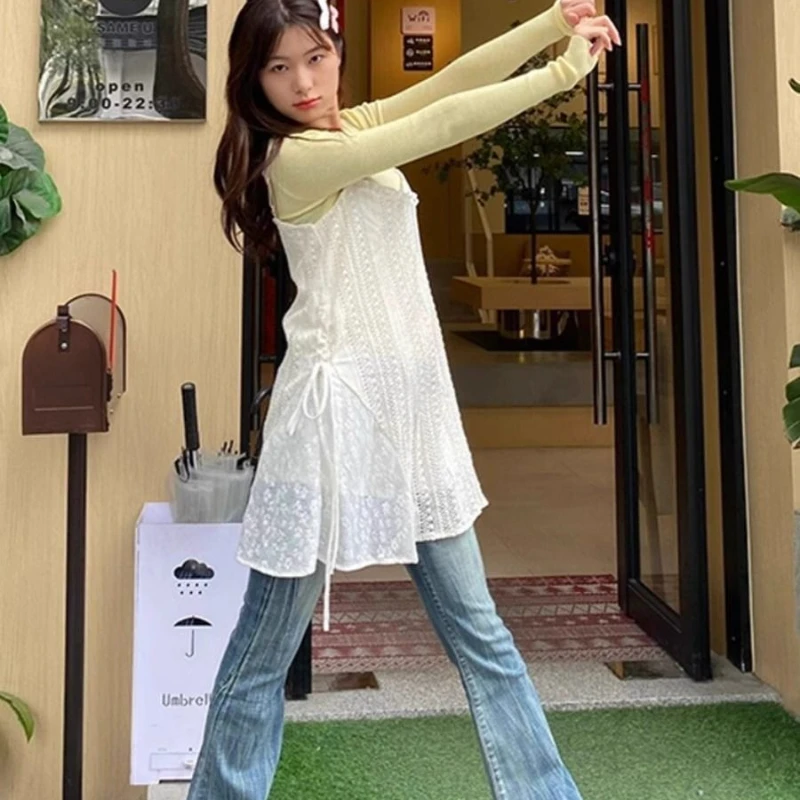 White Lace Suspender Dress 2025 Early Spring Japanese Short Gauze Skirt Seaside Holiday Bottoming Skirt Top