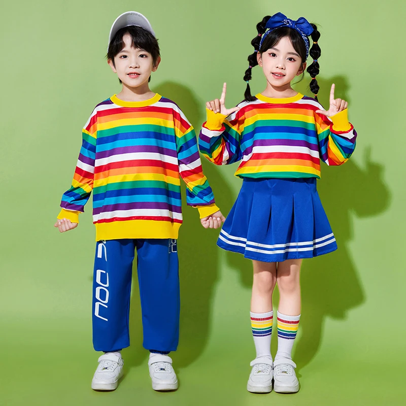 Fashion Child Hip-hop Dance Costume Clothes For Twin Boy Girl Stripe Hiphop T-shirt Pants Set Kids Streetwear Style Stage Outfit