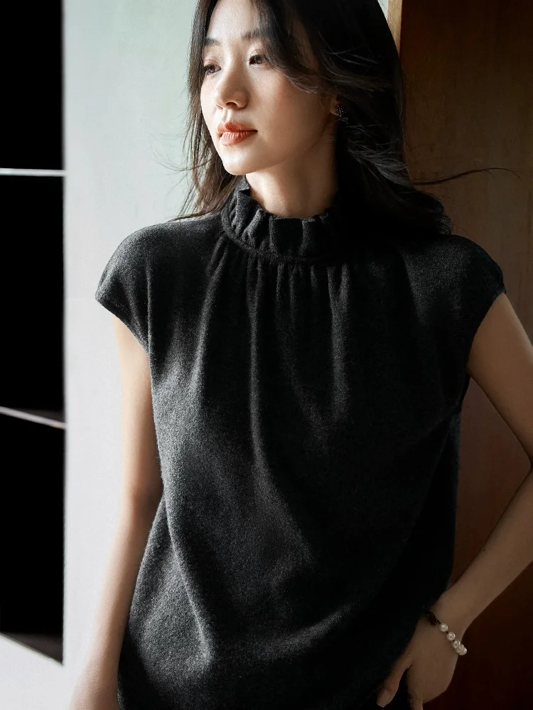 Birdtree, 90% Wool 10% Cashmere Tank Top, Sleeveless Ruffle Neck Vest, Women's Knitted Thin Solid Tops, 2026 Autumn New T68310JF
