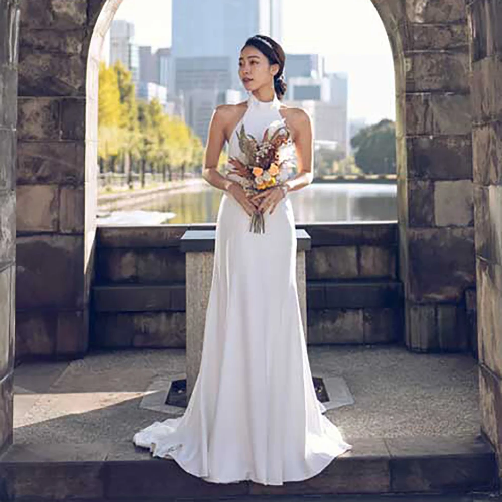 

Customized Spandex Crepe Wedding Dresses Halter Neck Sleeveless Mermaid Bridal Dress Vestido De Novia 2025 Bride Gown