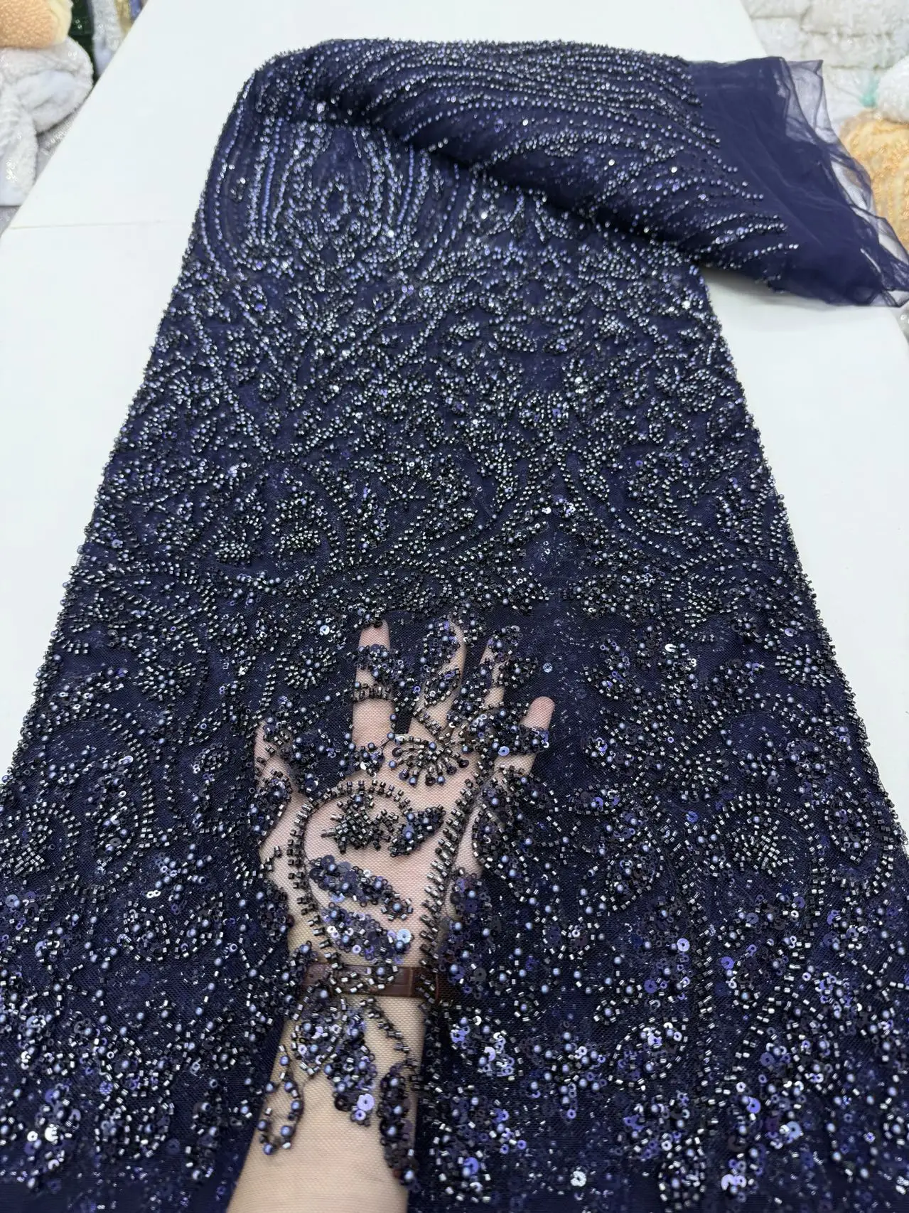 

African Heavy Beaded Lace Fabrics 2025 High Quality 5 Yards Sequins French Tulle Bead Lace for Wedding Party Dresses Nigerian