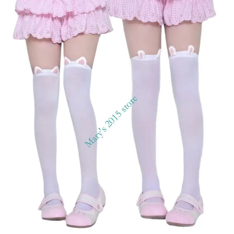 

E15F Women Japanese Anime Stretch Over Knee Long Socks Preppy Student Elegant Cats Rabbit Ears Embellished Thigh High Stockings