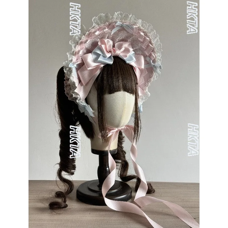 

Kawaii милая шляпа для девочек, оригинальная шляпа в стиле Лолиты, розовые, синие шляпы с капюшоном, милая кружевная лоскутная шляпа с бантом, косплей для женщин