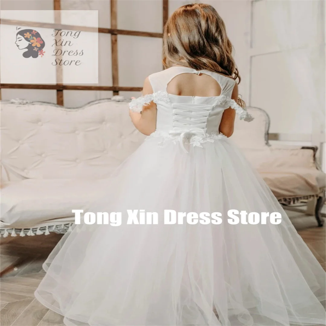 Vestidos florais personalizados para meninas, tule branco, apliques inchados, manga curta, para casamento, aniversário, banquete, vestidos de comunhão sagrada