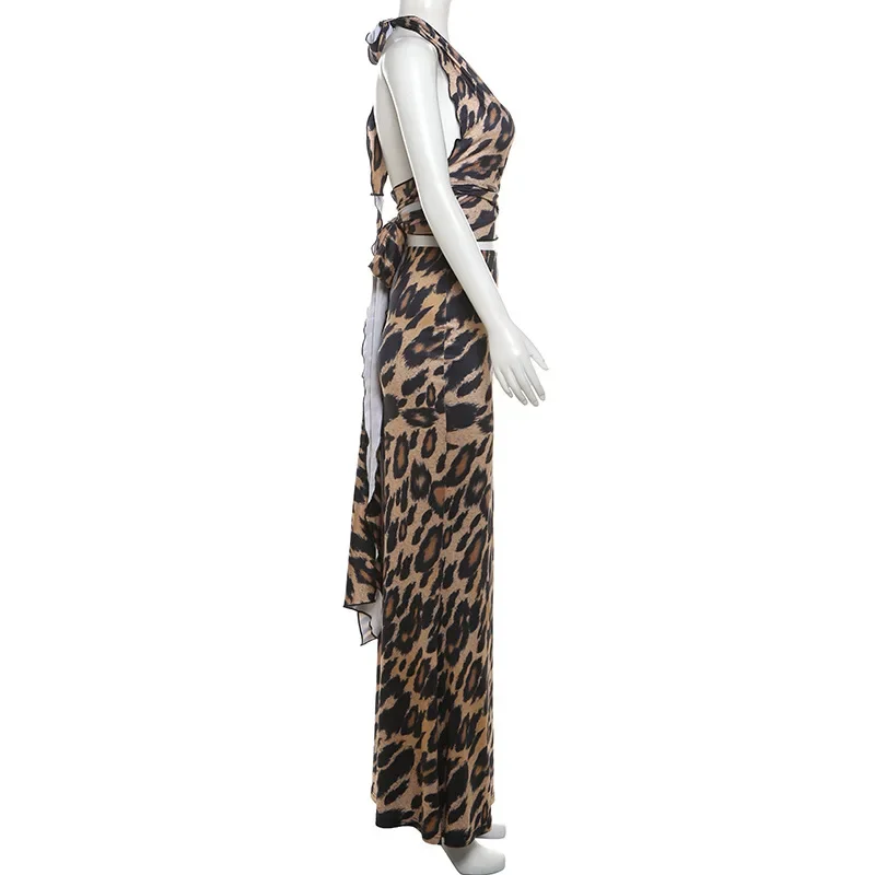 Leopard Print Bodycon Women Y2K Maxi Dress Set Summer Halter Backless Wrap Crop Top Long Skirts Two Piece Matching Sets Outfits