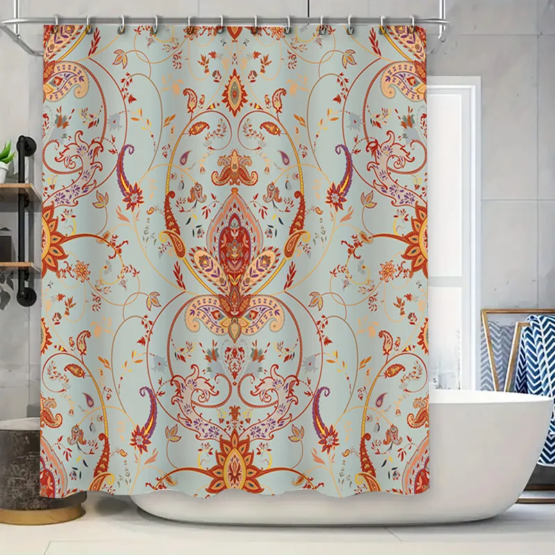 

Luxurious Floral Shower Curtain Vintage Boho Decor for Bathroom Easy Install Machine Washable Light Blue Red Fabric Pattern Size