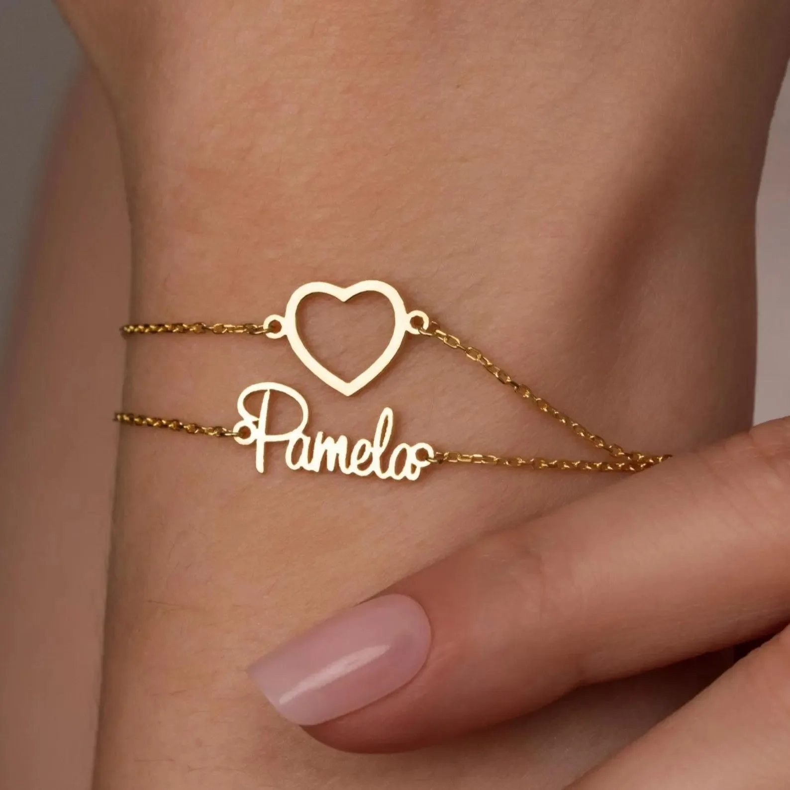 

Custom Name Bracelet Heart Bracelets Double Chain Love Bracelet For Women Stainless Steel Jewelry Personalized Wrist Accessories