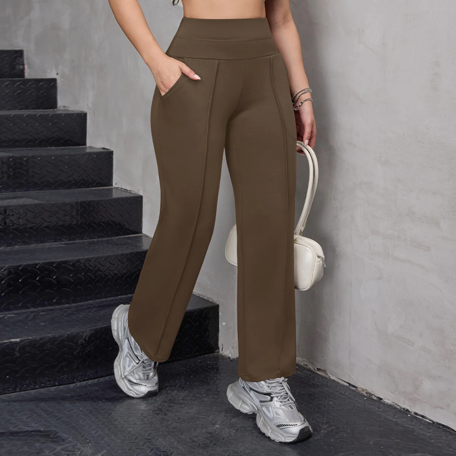  Women's High Waist Wide-Leg Pants With Pockets, Vertical Straight Pants With Elasticity and High Waist For Leisure Yoga Office