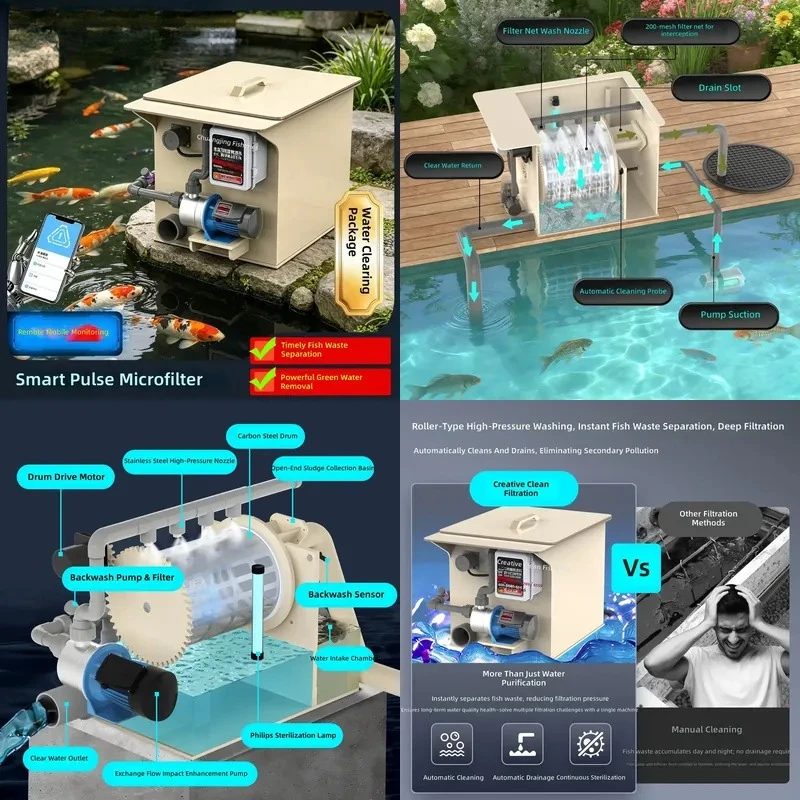 For Rotary Drum Microfiltration Machine Intelligent Fish Pond Filter Ultrafiltration Automatic Backwash Water Circulation