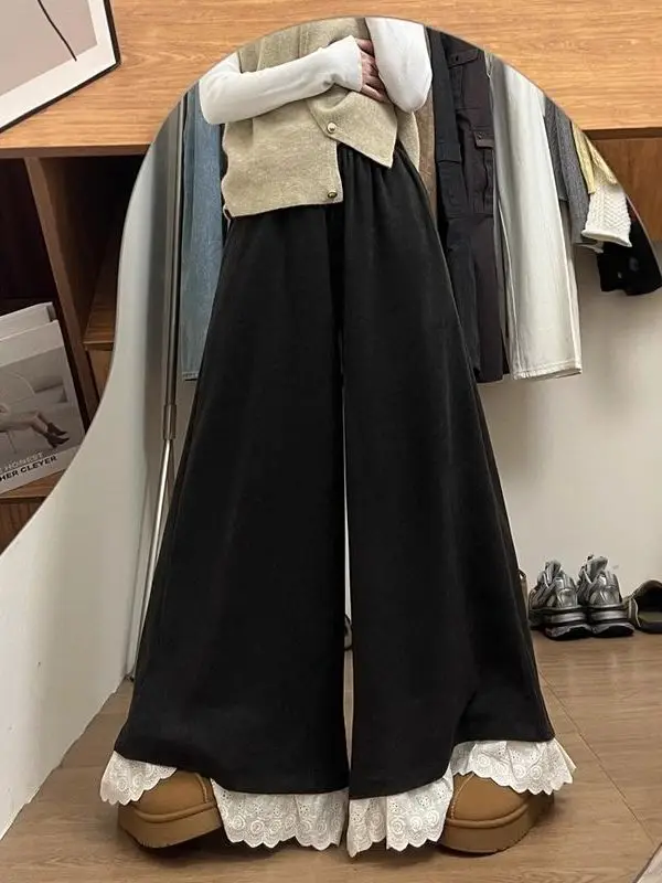 

Black Beautiful Lace Trim Wide Leg Pants Skirt Casual Women's mid High Waist Elastic Straight Tube Commute Scene Pants