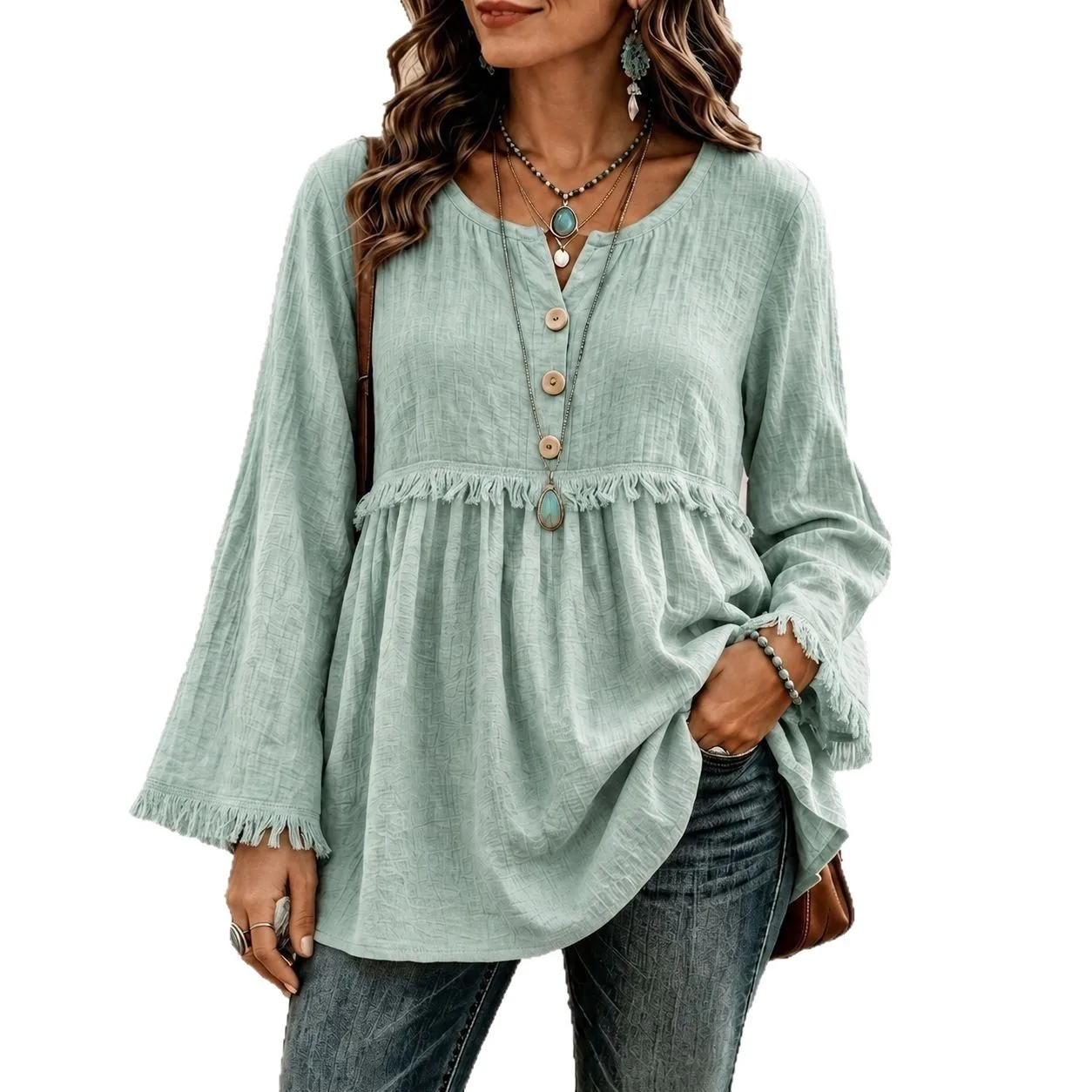 Long Sleeve Casual Top Mid Length Office Style with Button Front Relaxed Fit Regular Sleeve Artistic Retro Loose Fit Women Shirt