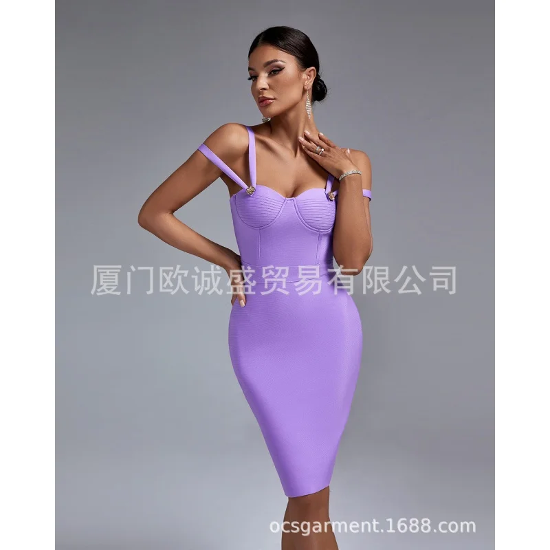 Double-Shoulder Strap Design Solid Color Slim Temperament Elegant Bandage One-Piece Dress Bandage Dress