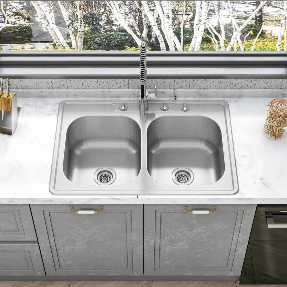 

MT3322D-OL 33" x 22" x 9" Drop In Double Bowl Kitchen Sink with 18 Gauge 304 Stainless Steel Satin Finish (Sink Only)