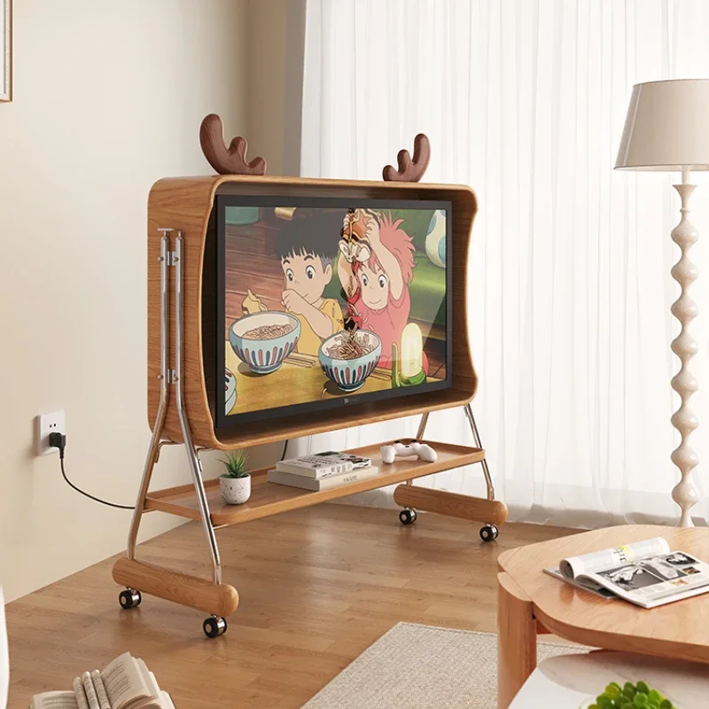 Modern and minimalist small unit living room, bedroom, 43/55/65 inch retro floor standing movable high foot TV cabinet