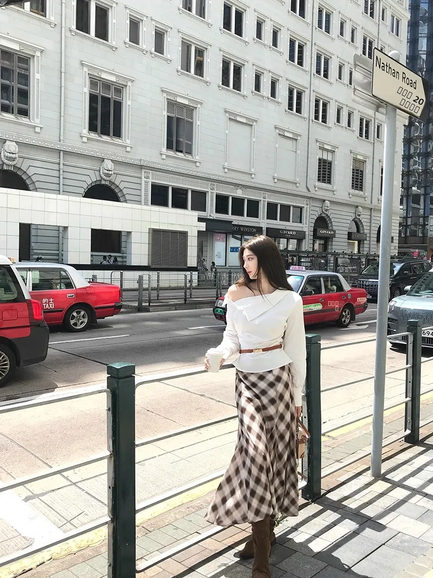 

Anjiu Yue Korean Sle Casual Long Plaid f Skirt Silk Wool Vintage id A-Line Skirt Ladies Low Waist Knitted Skirt