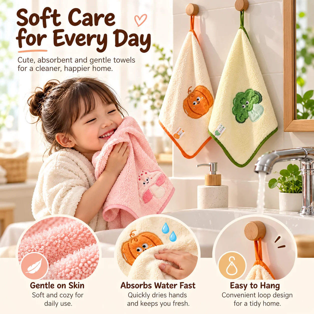 Cartoon Vegetable Kids Towel, Absorbent Quick-Dry Square Towel, Cute Washcloth for Face and Bath