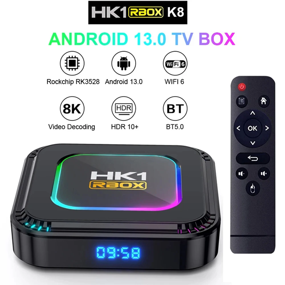 HK1 RBOX K8 Android 13.0 TV Box RK3528 Quad Core Support 8K Video 4K 2.4&5G Wifi6 BT Google Voice Media Player Set Top Box4G 32G