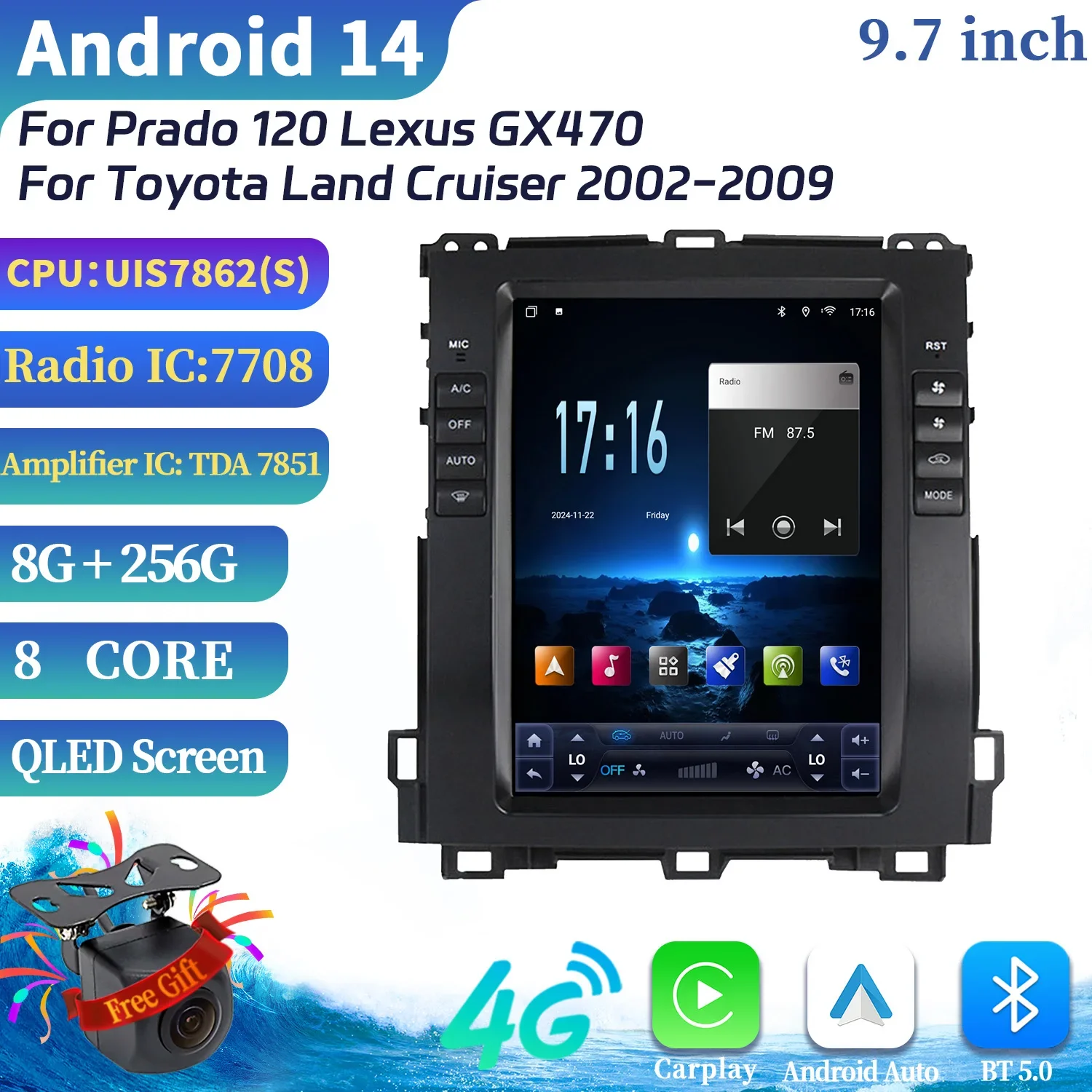 9.7 "Per Prado 120 Lexus GX470 Per Toyota Land Cruiser 2002-2009 Android 14 Navigazione CarPlay Autoradio Schermo Multimediale Stereo